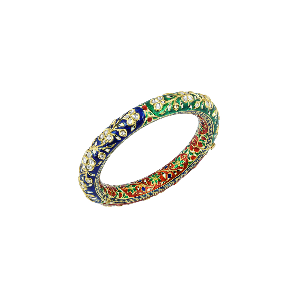 Multicolour Enamel Bangle with Polki and Floral Motifs